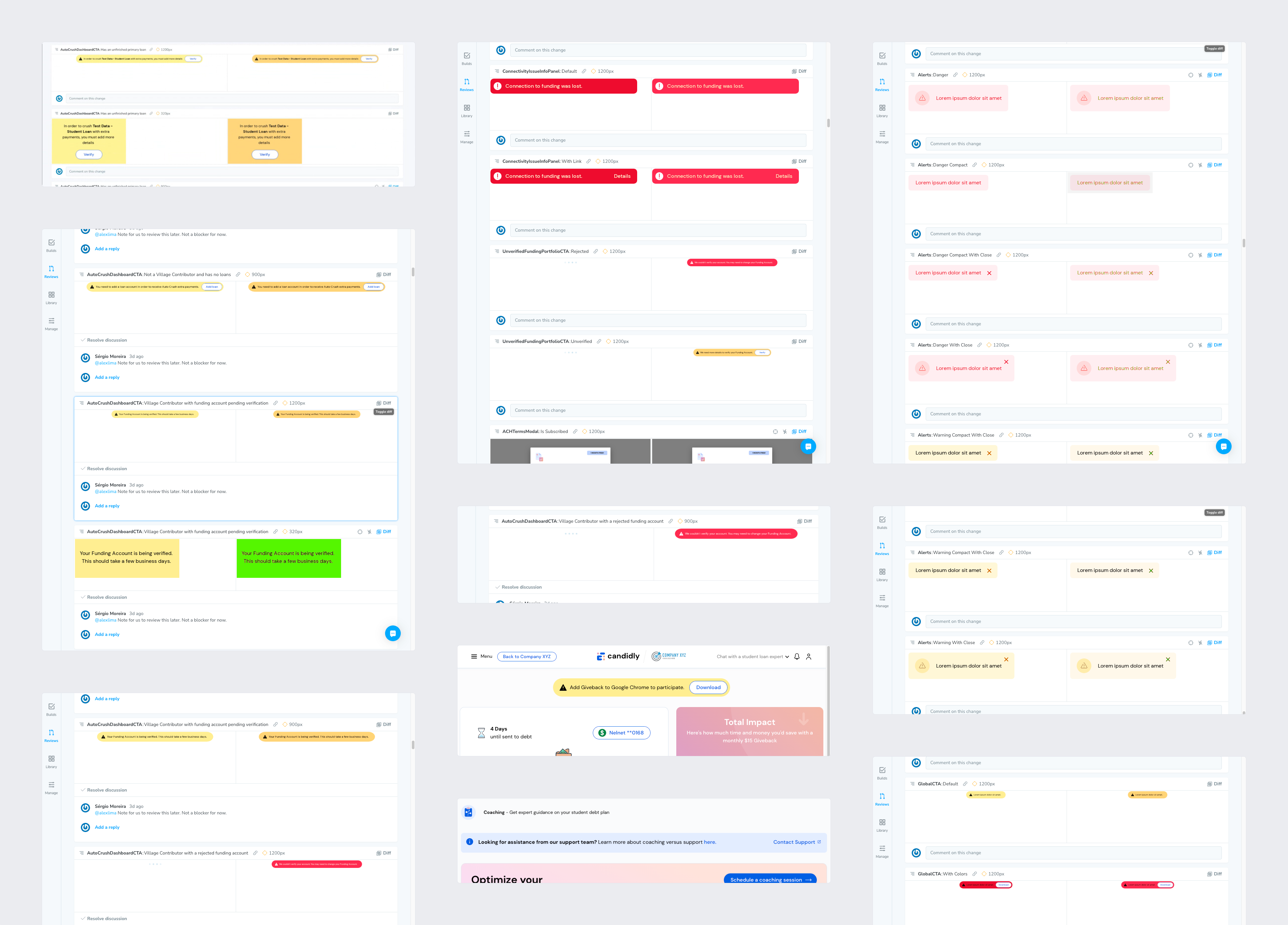 Storybook showing alert component exploration - various alert banners, warning messages, success and danger states in compact and full-width formats