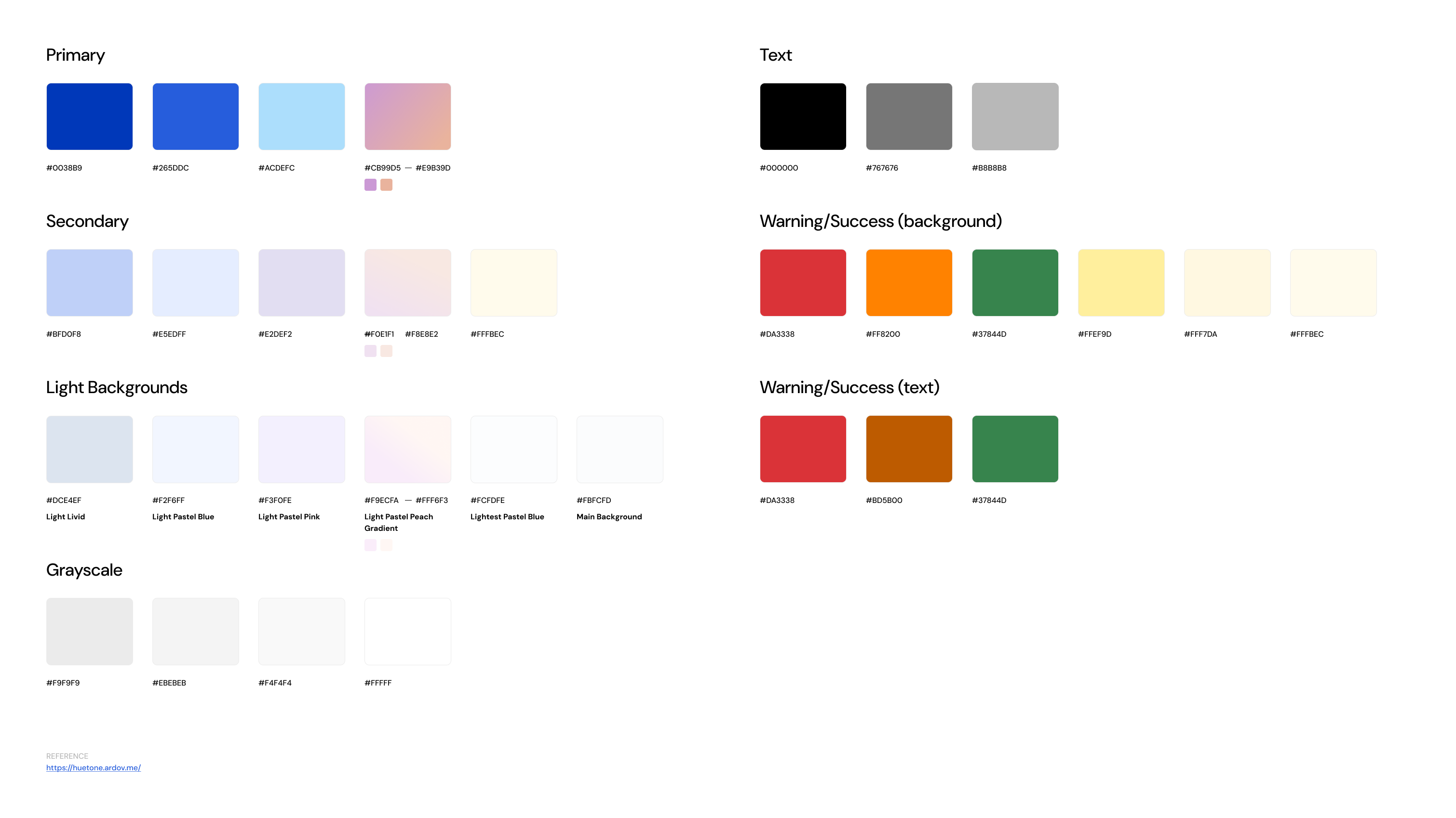 Original color palette showing limited structure with primary, secondary, backgrounds, grayscale, text, and warning/success colors