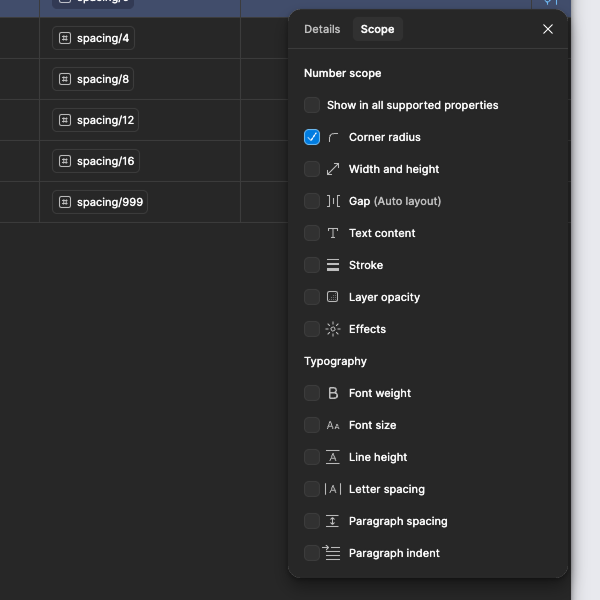 Figma number scope panel showing Corner radius constraint checked
