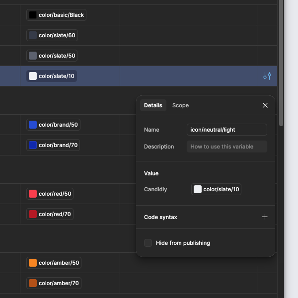 Figma details panel showing token naming convention icon/neutral/light