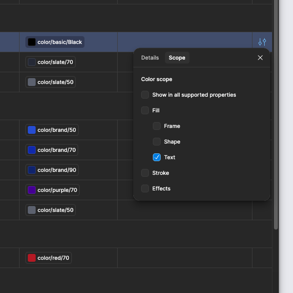 Figma color scope panel showing Text constraint checked for text color tokens