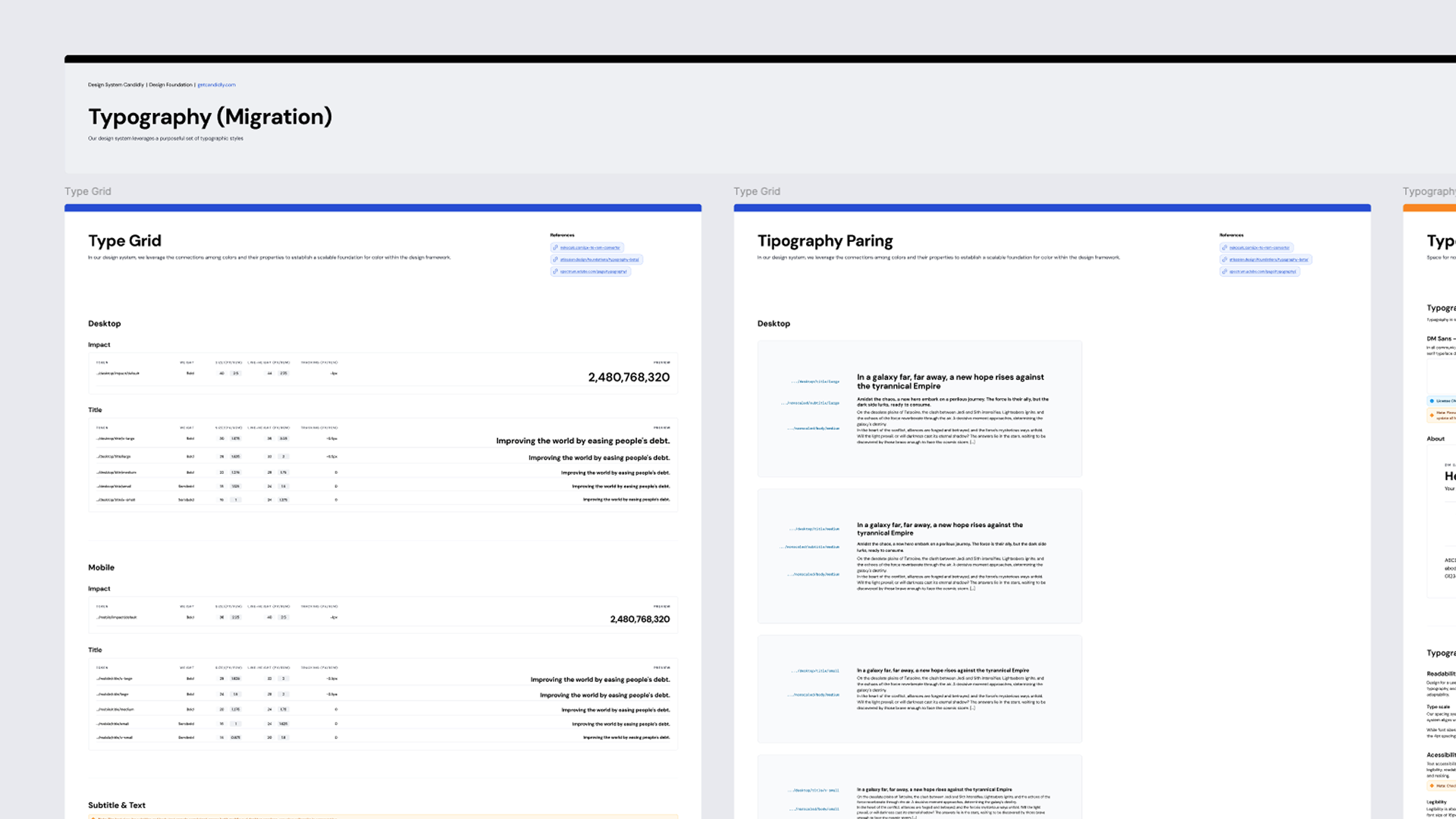 Typography Migration documentation showing Type Grid with desktop and mobile specifications and Typography Pairing with text samples and references
