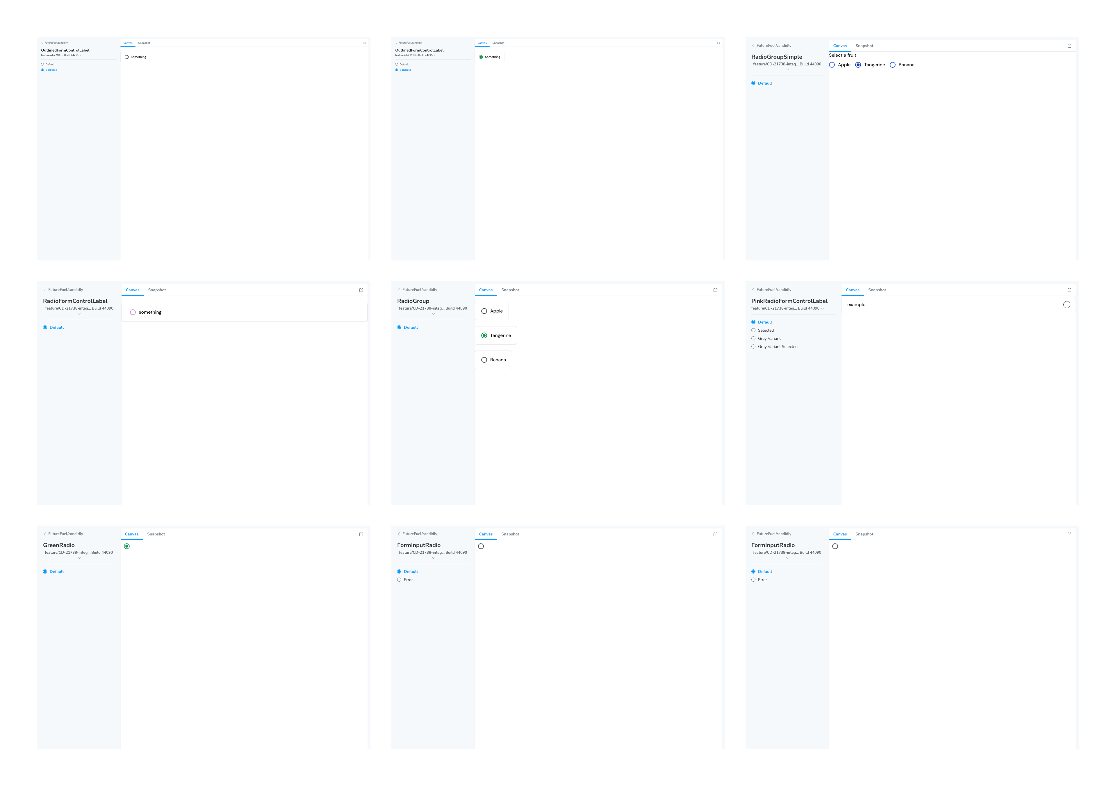Storybook showing multiple radio button component variants - OutlinedFormControlLabel, RadioGroupSimple, RadioFormControlLabel, RadioGroup, PinkRadioFormControlLabel, GreenRadio, FormInputRadio